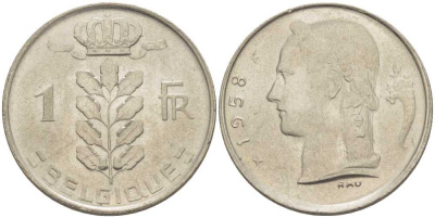 БЕЛЬГИЯ 1 ФРАНК 1958 BELGIQUE, БОДУЭН I (1951-1993) KM 142.1 медно-никель 3856-934