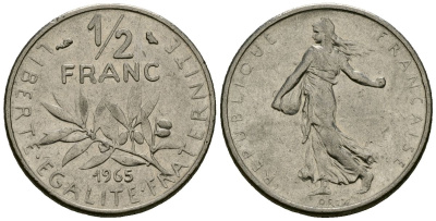 Франция 1/2 франка 1965 сеятель KM 931, Le Franc 198.3 никель 4135-644