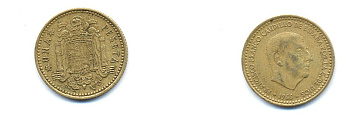 ИСПАНИЯ 1 ПЕСЕТА 1966 (70) ХУАН КАРЛОС I (1975-) KM 796 алюминиевая бронза 54-565