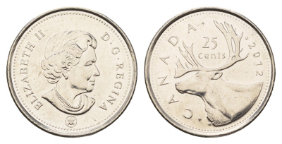 Канада 25 центов 2012 Елизавета II (1952-2022), олень KM 493 сталь плакированная никелем 110-341