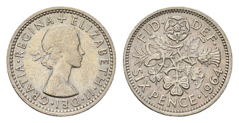 Великобритания 6 пенсов 1964 Елизавета II (1952-2022) KM 903, Spink 4149 медно-никель 100-1268