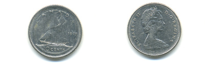 Канада 10 центов 1975 Елизавета II (1952-2022), парусник KM 77.1 никель 86-1114
