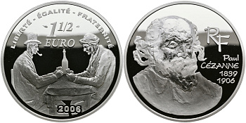 Франция 1 1/2 евро 2006 художник Поль Сезан, картежники KM 1453 серебро PROOF 1068-10-23