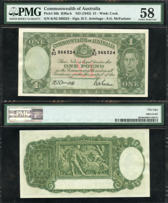 Австралия 1 фунт ND (1942) подпись H.T. Armitage and S.G. McFarlane, Георг VI, в слабе PCGS 58 Choice About UNC Pick 26 b  бумага  aUNC  452-1-128