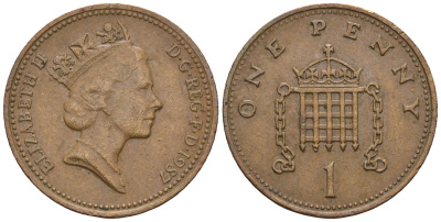 Великобритания 1 пенни 1987 Елизавета II (1952-2022) КМ 935, Spink 4381 (B3) бронза 4609-521