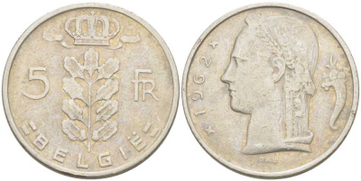 БЕЛЬГИЯ 5 ФРАНКОВ 1962 BELGIE, БОДУЭН I (1951-1993) KM 135.1 медно-никель 213-415