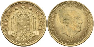 Испания 1 песета 1966 (71) Франсиско Франко (1939-1975) KM 796 алюминиевая бронза 4604-411