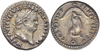Римская Империя денарий 80 Тит, IMP TITVS CAES VESPASIAN AVG P M голова императора, обращенная вправо / TR P IX IMP XV COS VIII P P дельфин, обвивающий якорь, Рим, about Extremely fine , 3,00 гр RIC 112 серебро 00-000-00
