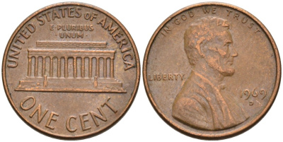 США 1 цент 1969 D, Линкольн KM 201 медь цинк 4564-455