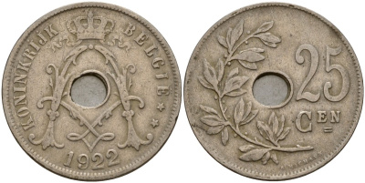 Бельгия 25 сантимов 1922 KONINGRIJK BELGI? KM 69 медно-никель 4187-943