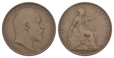 Великобритания 1 пенни 1906 Эдуард VII (1901-1910) KM 794.2, Spink 3990 бронза 4634-442