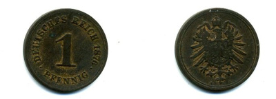 ГЕРМАНИЯ 1 ПФЕННИГ 1876 А, СТАРОГЕРБОВКА KM 1, J. 1 медь 35-738