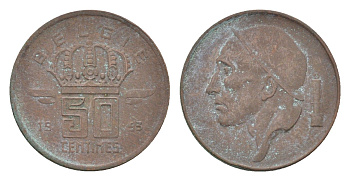 Бельгия 50 сантимов 1953 Belgie, Бодуэн I (1951-1993) KM 149 бронза 4705-251