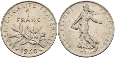Франция 1 франк 1960 сеятель KM 925.1, Le Franc 226.4 никель 4142-1013