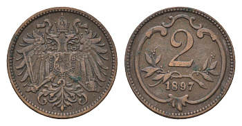 Австрия 2 геллера 1897 Франц Иосиф I (1848-1916) KM 2801 бронза 4702-139
