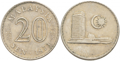 Малайзия 20 сенов 1973 здание Парламента KM 4 медно-никель 3851-1251