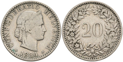 Швейцария 20 раппенов 1884 B KM 29 никель 4606-727