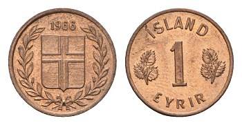 Исландия 1 эйре 1966 KM 8 бронза UNC 4690-737