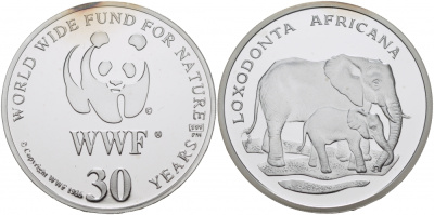 ЕВРОПА МЕДАЛЬ 1986 30 ЛЕТ WWF, СЛОН, LOXODONTA AFRICANA серебро PROOF 00-00