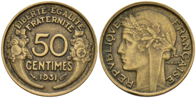 Франция 50 сантимов 1931 KM 894.1, Le Franc 192.15 алюминиевая бронза 4596-736