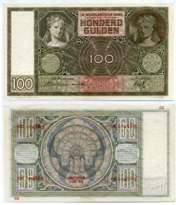 Нидерланды 100 гульденов 1939 01 июня 1939 Pick 51b  бумага aUNC 451-186-2