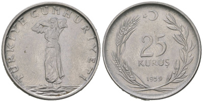 Турция 25 курушей 1959 KM 892.1 нержавеющая сталь 4582-342