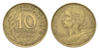 Франция 10 сантимов 1963 KM 929 алюминиевая бронза 4702-1254