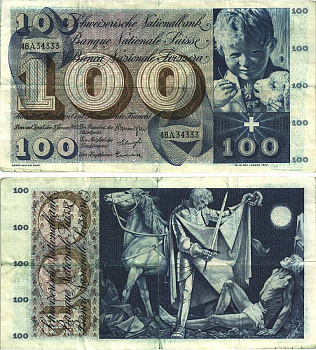 Швейцария 100 франков 1965 23 декабря 1965, серия 48 A, подпись 39 Pick 49 h бумага 8606-21-1-2