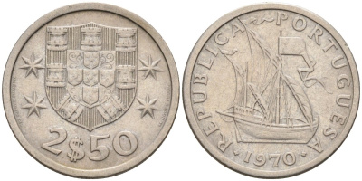 Португалия 2,5 эскудо 1970 корабль KM 590 медно-никель 4588-456