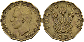 Великобритания 3 пенса 1937 Георг VI (1936-1952) KM 849, Spink 4112 никель латунь 4153-716