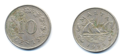 Мальта 10 центов 1972 баржа Великого магистра KM 11 медно-никель 4379-424