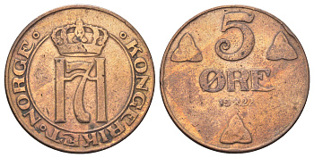 Норвегия 5 эре 1922 Хокон VII (1905-1957) KM 368 бронза 4700-736