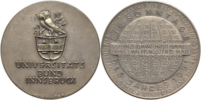 Австрия медаль 1951 серия университет Инсбрука, открытия 1951 года, медальер Kolblinger, диаметр 40 мм., серебрение бронза 4552-223
