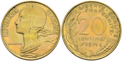 Франция 20 сантимов 1971  KM 930 медь алюминий никель    4595-1113