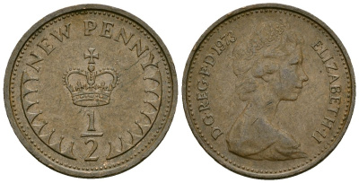 Великобритания 1/2 пенни 1973 Елизавета II (1952-2022) KM 914, Spink 4239 бронза 4173-1236