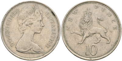 Великобритания 10 пенсов 1968 Елизавета II (1952-2022) KM 912, Spink 4231 (F1) медно-никель 4364-3822