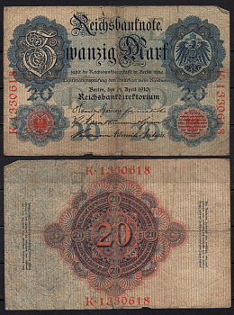 Германия 20 марок 1910 Pick 40 b бумага 6293-37-2-2