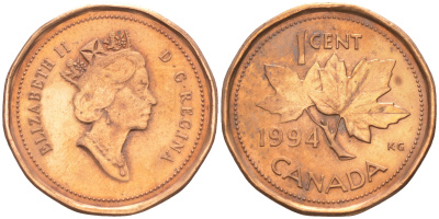 Канада 1 цент 1994 Елизавета II (1952-2022), кленовый лист KM 181 бронза 188-769