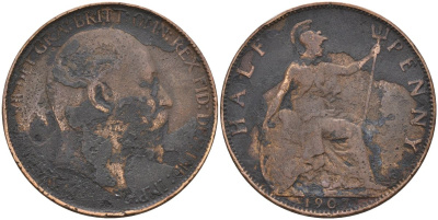 Великобритания 1/2 пенни 1908 Эдуард VII (1901-1910) KM 793.2, Spink 3991 бронза 4153-746