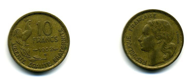 Франция 10 франков 1952 B, петух KM 915.2, Le Franc 363.5 алюминиевая бронза 56-321