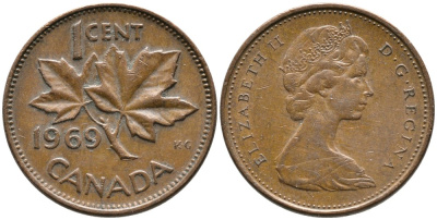 Канада 1 цент 1969 Елизавета II (1952-2022), кленовый лист KM 59.1 бронза 4528-733