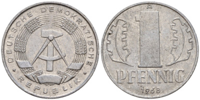 ГДР 1 пфенниг 1968 A KM 8.1 алюминий 100-848