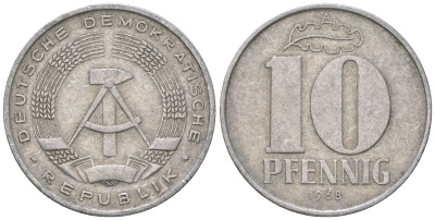 ГДР 10 пфеннигов 1968 A KM 10 алюминий 3459-624
