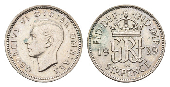 Великобритания 6 пенсов 1939 Георг VI (1936-1952) KM 852, Spink 4084 серебро 4392-1031