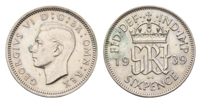 Великобритания 6 пенсов 1939 Георг VI (1936-1952) KM 852, Spink 4084 серебро 4392-1031