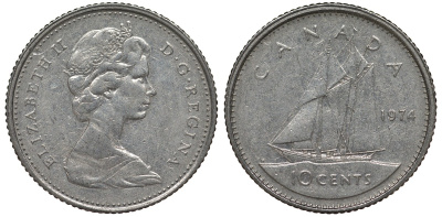 Канада 10 центов 1974 парусник, Елизавета II (1952-) KM 77.1 никель 4124-514