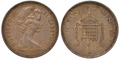 Великобритания 1 пенни 1971 Елизавета II (1952-2022) KM 915, Spink 4237 (B1) бронза 51-2347