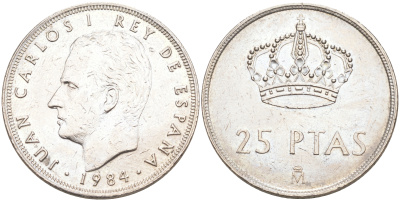ИСПАНИЯ 25 ПЕСЕТ 1984 ХУАН КАРЛОС I KM 824 медно-никель 106-244