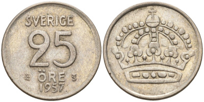 Швеция 25 эре 1957 TS, Густав VI Адольф (1950-1973) KM 824 серебро 4147-1056