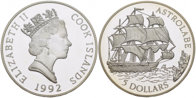 ОСТРОВА КУКА 5 ДОЛЛАРОВ 1992 ПАРУСНИК АСТРОЛАБ, ВЕС 10 ГР. KM 160 серебро PROOF 02-251-15
